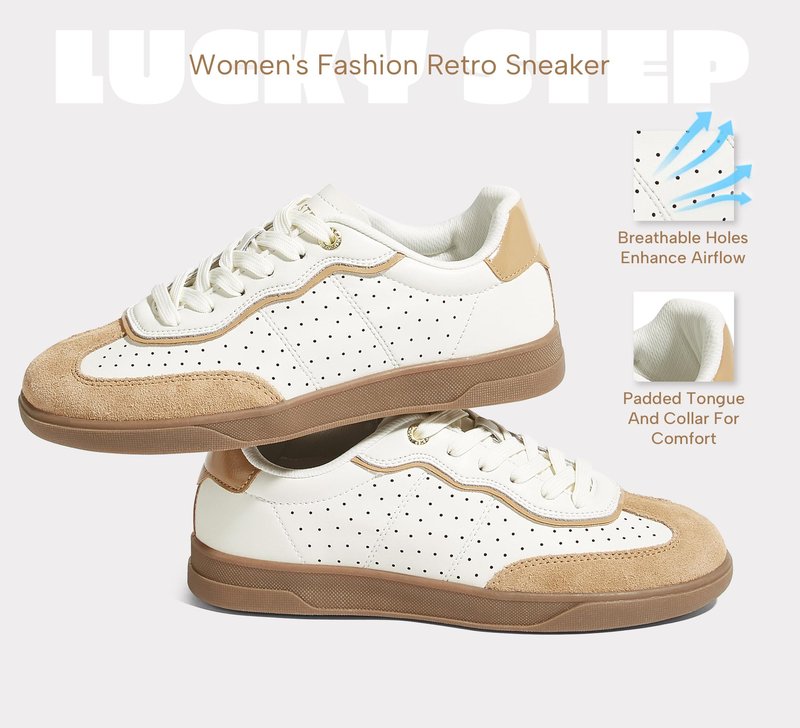 LUCKY STEP Women's Retro Cour Fashion Sneakers Casual Low Top Cow Suede Walking Shoes Anti-Slip Gum Rubber Sole Tennis Skate Footwear(White/Brown,7)
