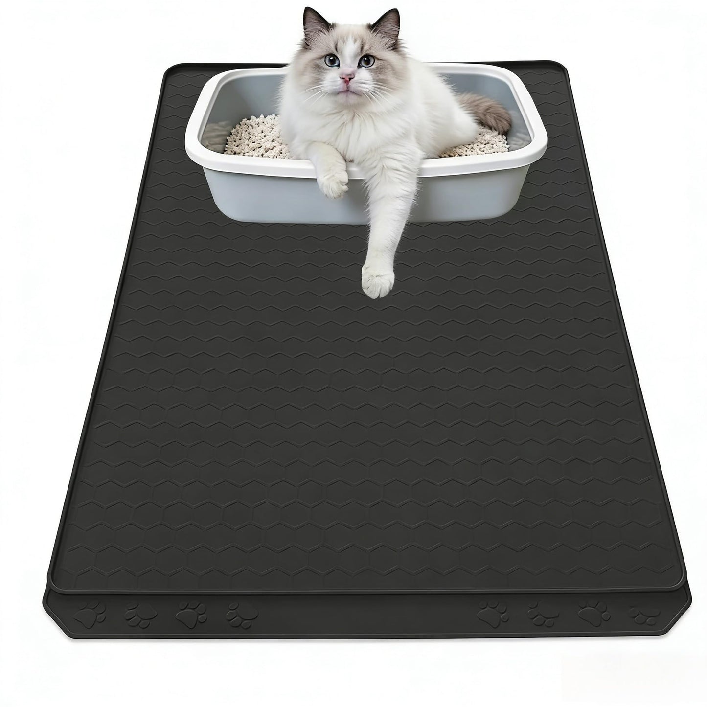 Tisoloow Silicone Large Cat Mat for Litter Box Waterproof 34" X 22" Trapping Mat for Kitty Litter Box Easy to Clean Scatter Control Non-Slip Durable Pad for Floor Black
