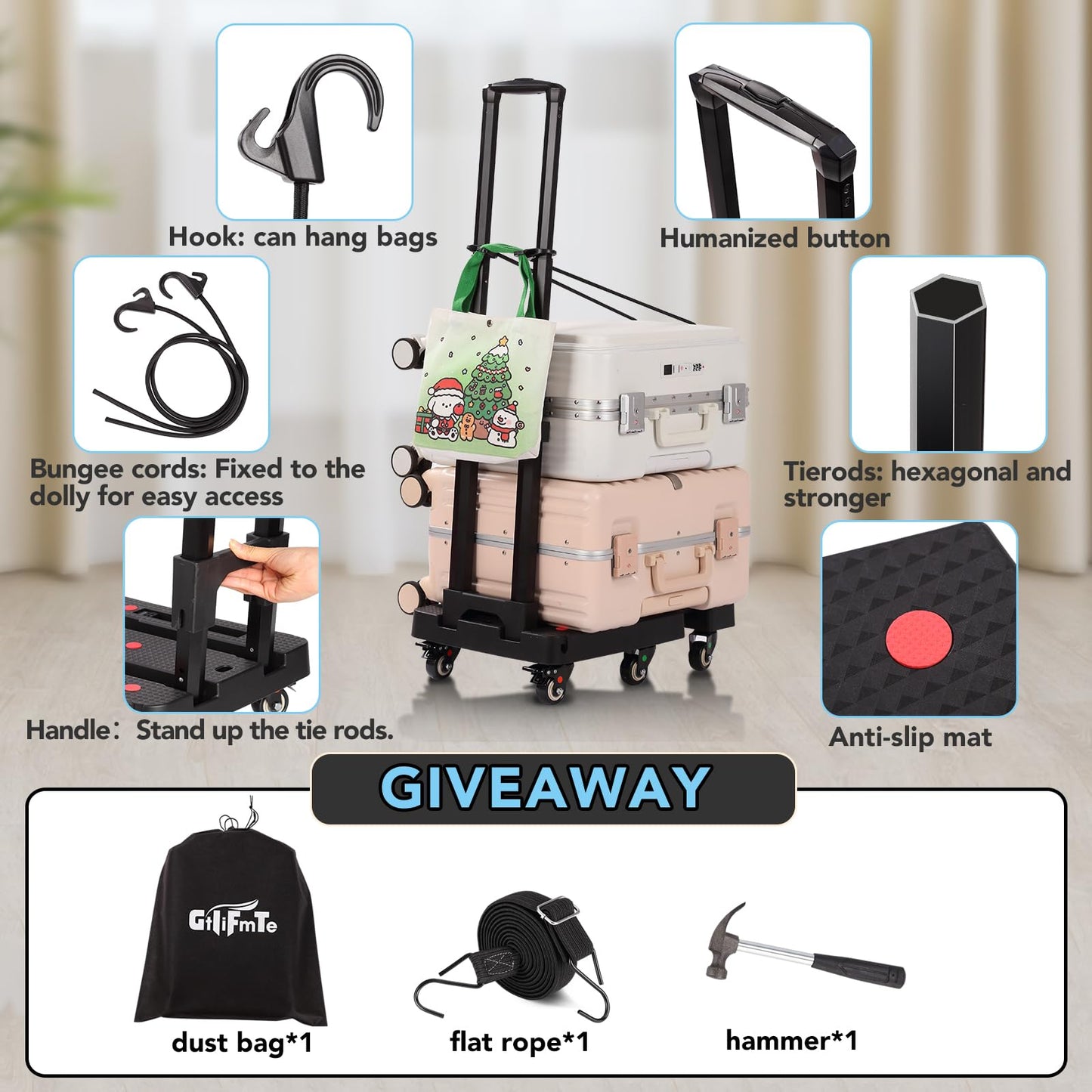 GtIiFmTe Folding Hand Truck Dolly for Moving,500LB Heavy DutyPortable Luggage Cart6 Wheels with 2 Brake,Extendable Utility Dolly Platform Cart with 3 Bungee Cords (Black)