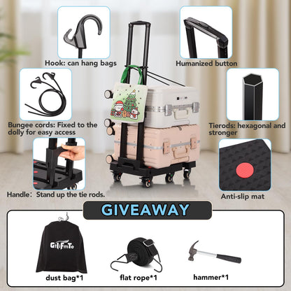 GtIiFmTe Folding Hand Truck Dolly for Moving,500LB Heavy DutyPortable Luggage Cart6 Wheels with 2 Brake,Extendable Utility Dolly Platform Cart with 3 Bungee Cords (Black)