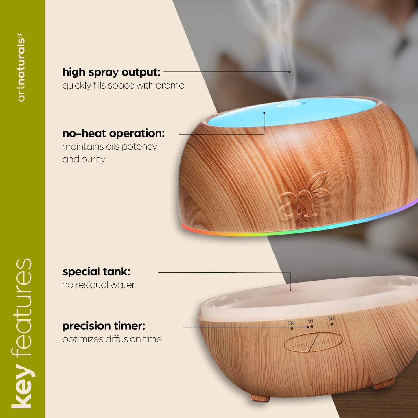 ArtNaturals Aromatherapy Essential Oil Diffuser –(5.0 Fl Oz / 150ml Tank) / Ultrasonic Cool Mist Aroma Humidifier - Adjustable Mist Mode, Auto Shut-Off Whisper Quiet and 7 Color LED Lights
