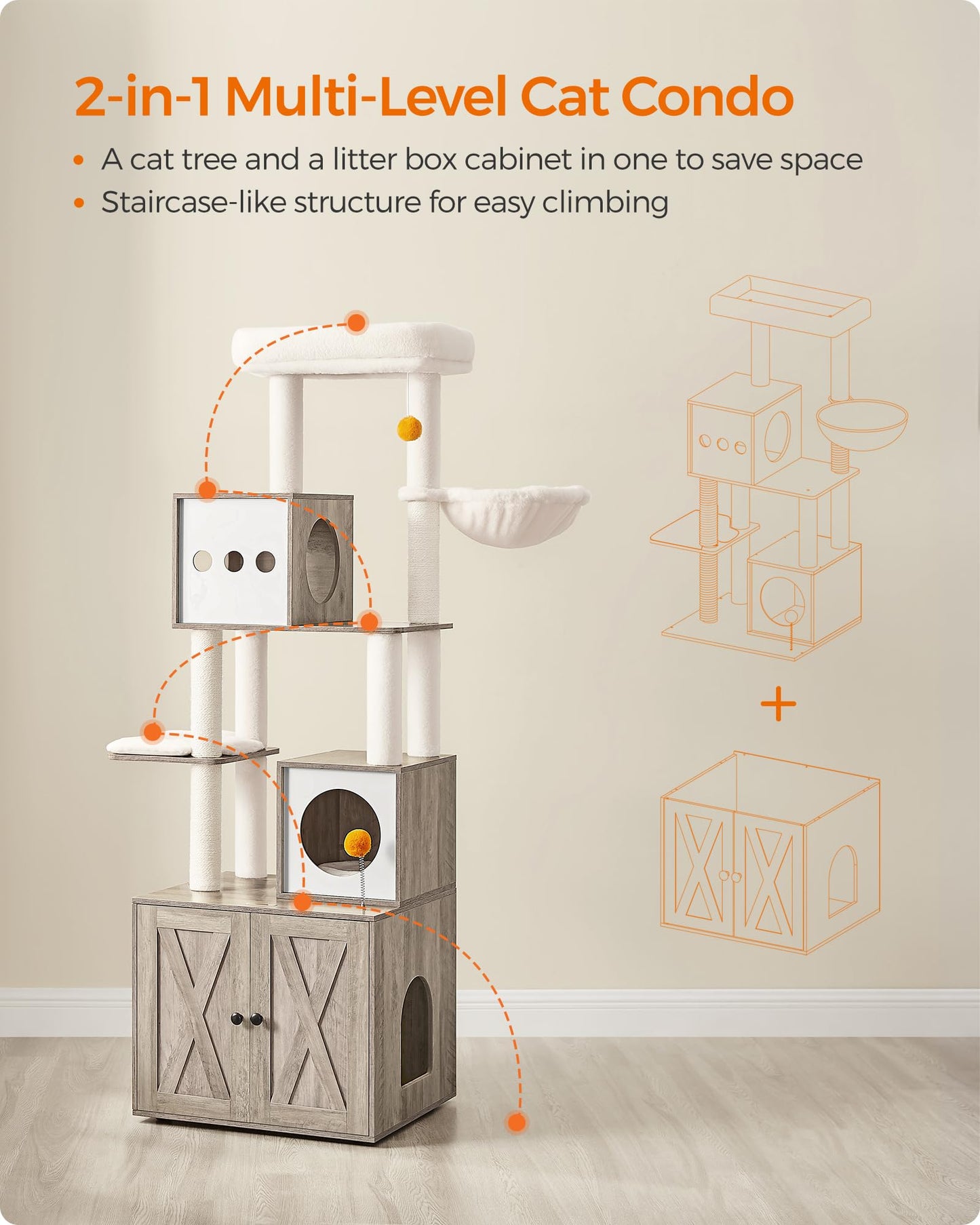 Feandrea Cat Tree with Litter Box Enclosure, 2-in-1 Modern Cat Tower, 70.8-Inch Tall Cat Condo with Scratching Posts, Perch, Caves, Basket, Washable Cushions, Heather Greige UPCT116G01