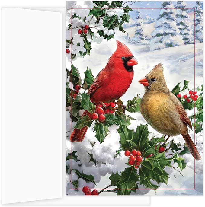 Masterpiece Cardinal Couple Christmas Cards / 16 Festive Holiday Cards With Coordinating White Envelopes Set / 5 5/8" x 7 7/8" Winter Cardinals Greeting Cards With Inside Verse/Made In The USA