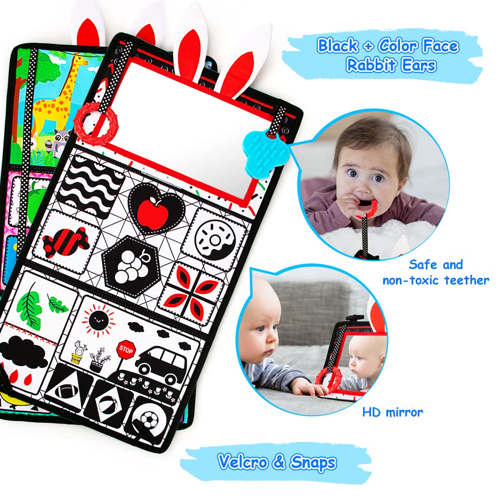 Inbeby Tummy Time/Baby Mirror Toys, Black and White High Contrast Tabletop Mount Baby Newborn Toys 0 3 6 Months Brain Development, Sensory Texture Piano Infant Toys 0 3 6 Months with Squeaker