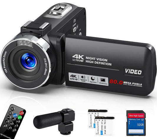 Peryoua 4K HD 80MP Camcorder Video Camera 18X Digital Zoom 3.0 IPS Screen Vlogging Camera for YouTube IR Night Vision Video Recorder with 32GB SD Card, 2 Batteries, Remote Control and Microphone