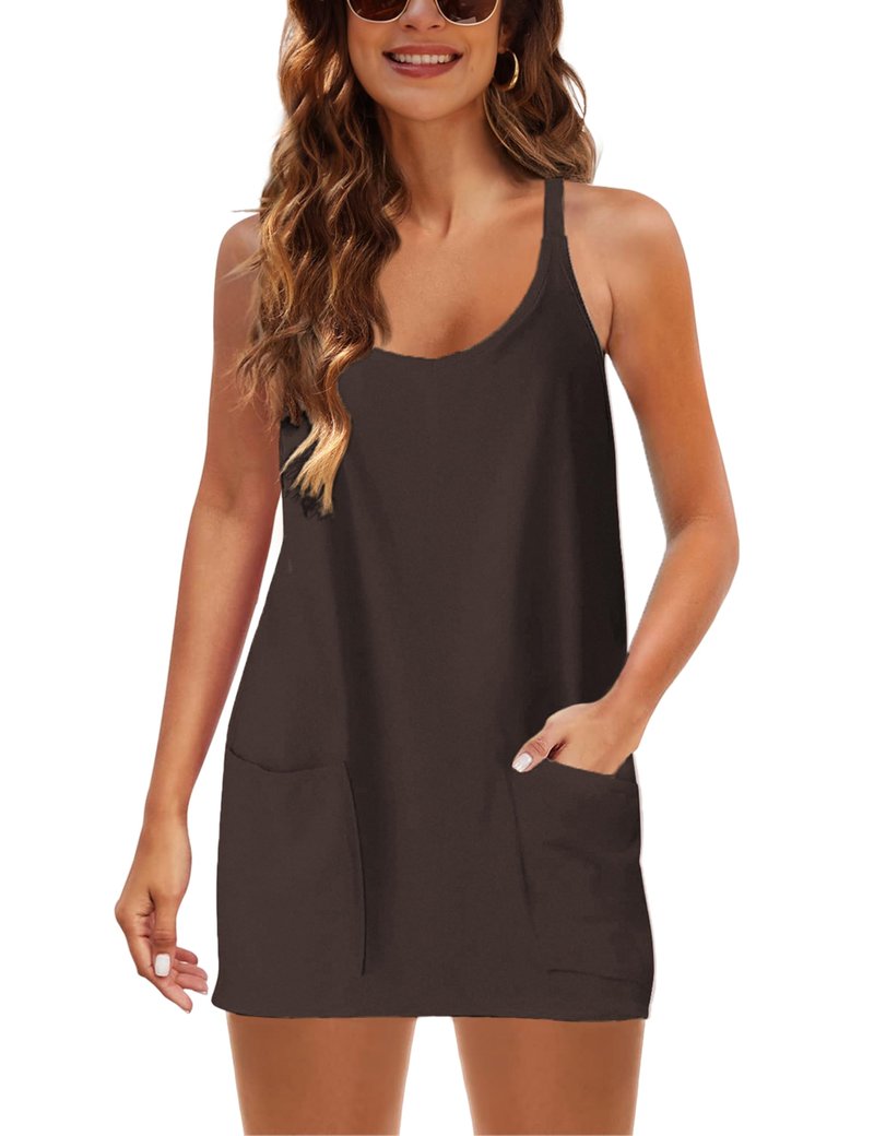 Lentta Womens Athletic Sleeveless Mini Dress with Built-in Shorts V Neck Spaghetti Strap Sundress(Coffee-L)
