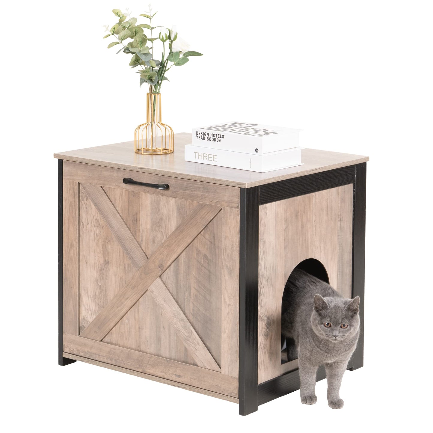 Dwanton Cat Litter Box Furniture Hidden, Cat Litter Box Enclosure, Reversible Entrance Can Be on Left or Right Side, Indoor Cabinet, Wooden Washroom, End Table, Nightstand, Greige, 23.6" L