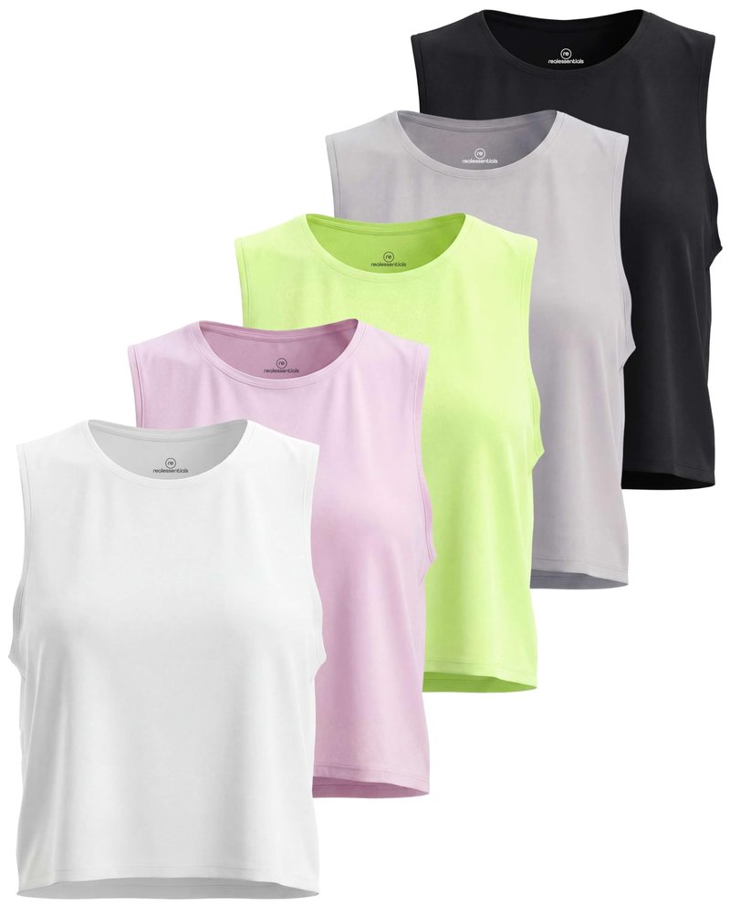 Real Essentials 5 Pack: Women's Dry Fit Crop Summer Tank Top - Gym Yoga Workout Sports Tee (Available in Plus Size) Set 5, S