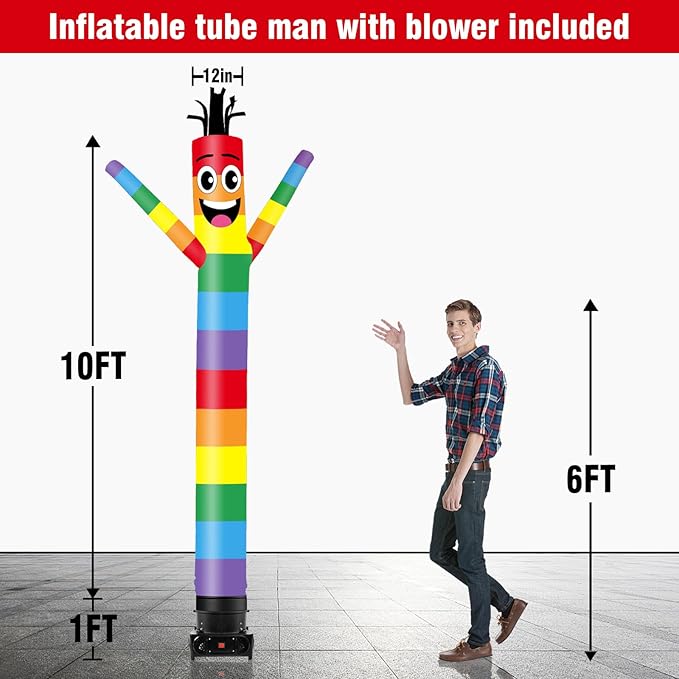 10FT Tall Inflatable Tube Man Rainbow Wacky Wavy Dancing Guy with 3/4 HP Weather-Resistant Blower (12''Diameter) for Outdoor Decoration Advertising Business Promotion
