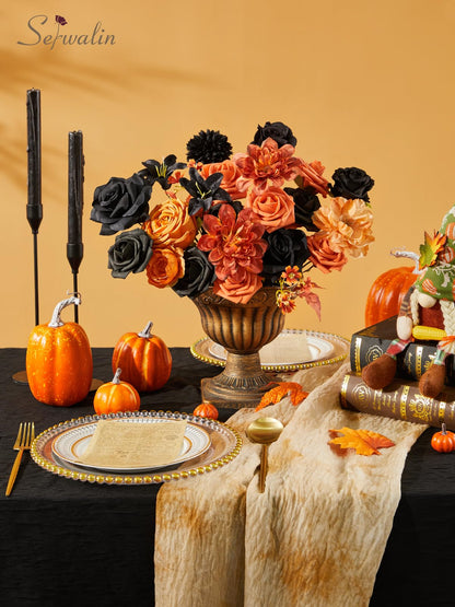 Serwalin Fall Flowers Combo - Black & Orange Artificial Wedding & Halloween Flowers for DIY Bridal Bouquets, Centerpieces & Home Decoration