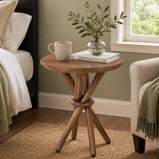 COZAYH Round Wood End Table Farmhouse Wooden Side Table Rustic Plant Stand with Bundled Legs for Living Room, Office, Walnut