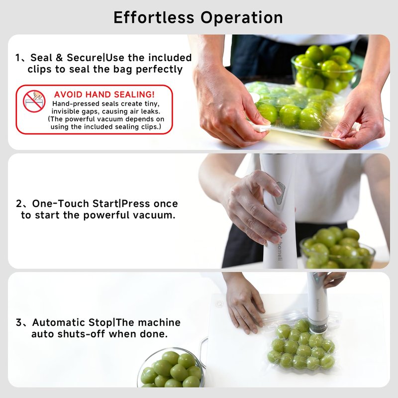 Mehomeli Compact Vacuum Sealer for Food (Vacuum Sealer Machine + 10 Reusable Vacuum Bags), Powerful Handheld Vacuum Sealer Machine, Seal Food 6X Fresh Longer, Portable & Wireless, Easy-Clean