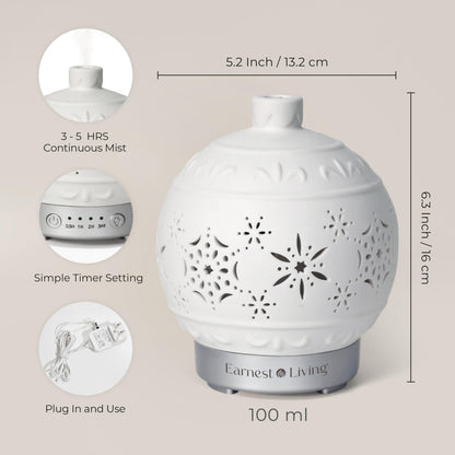 Earnest Living Essential Oil Diffuser White Ceramic Diffuser 100 ml Timers Night Lights and Auto Off Function Home Office Humidifier Aromatherapy Diffusers for Essential Oils