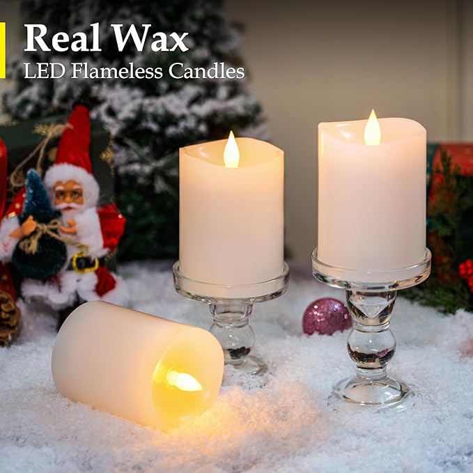 3"x4" Flickering Flameless Candles with Remote Timer- Set of 3 Real Wax White Pillar LED Candles for Indoor/Outdoor Fireplace & Home Decor, Battery Operated with 600+ Hours Flickering (3" Diameter)