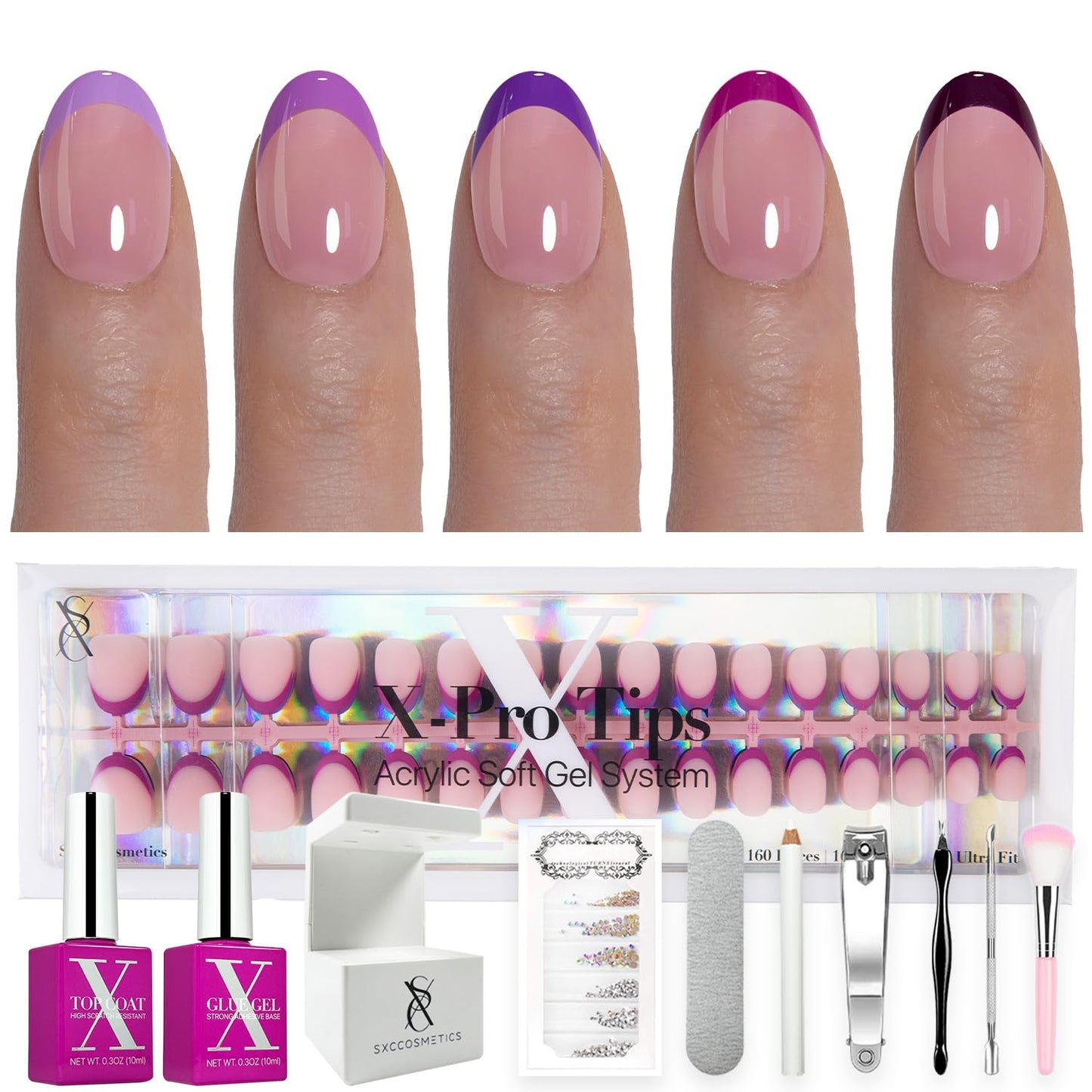SXC Cosmetics French Tip Press On Nails - Skin Tone Nude and Color Series, Short Coffin X-Pro Tips Starter Kit ST119KIT