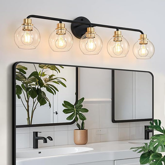 5 Light Bathroom Vanity Light, Black and Gold Bathroom Light Fixtures with Clear Glass Shade Modern Wall Sconces Lighting Bath Wall Lights Lamp for Mirror Kitchen Living Room Bedroom Hallway Cabinet