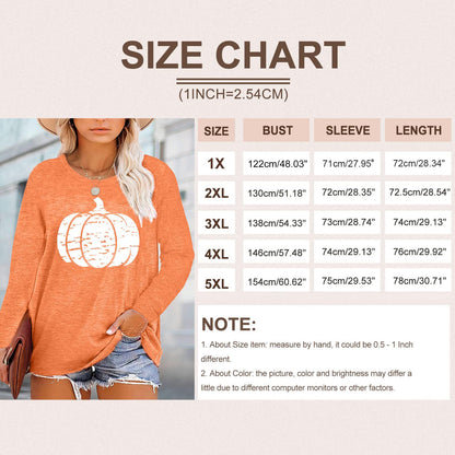 Chulianyouhuo Plus Size Halloween Pumpkin T Shirt Women Long Sleeve Fall Graphic Tees Thanksgiving Gift Tops Blouse Orange