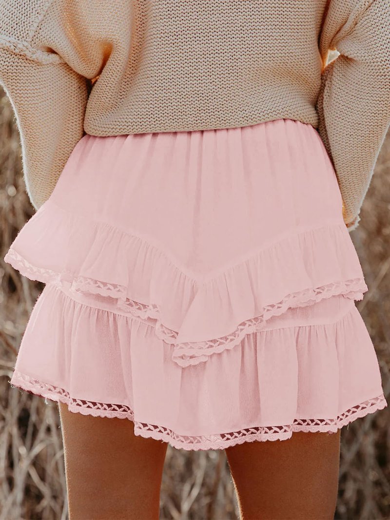 Aoudery Flowy Shorts for Women Casual Boho Ruffle Tiered Skorts High Waist Mini Skirts Golf Tennis Butterfly Crochet Shorts - All Peach XL