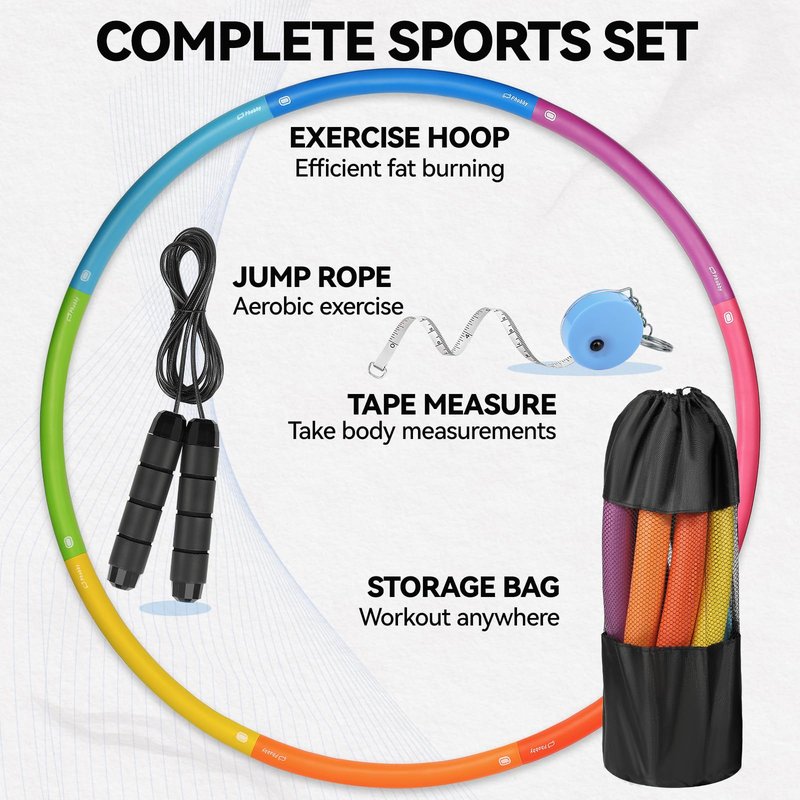 Phobby Weighted Exercise Hoop for Adults, 2.2lbs Adjustable Fitness Hoop, 8 Detachable Hoop Sections with Jump Rope & Storage Bag, Home Gym Workout