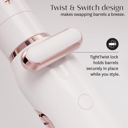 T3 Switch Kit Professional Ionic Interchangeable Curling Iron with 3 Ceramic Clip & Wand Long Barrels for Curling and Waving, 9 Adjustable Heat Settings & Ion Generator, White/Rose Gold