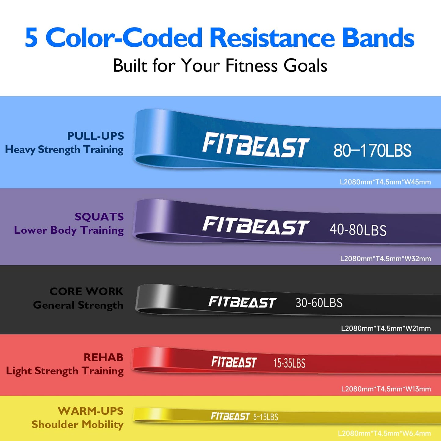 FitBeast Resistance Bands Set, 5 Levels Pull Up Bands for Bodyweight Training, Powerlifting, Muscle Building, Home Gym Workout, Stretching, Stretch Bands with Door Anchor (Bright Spectrum 5-170 LBS)