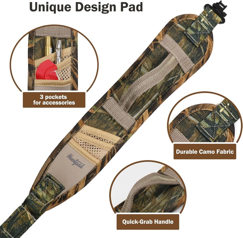 HUNTPAL Camo Gun Sling - 2 Point Shotgun Rifle Strap with Quick-Grab Handle & 3 Pockets | Durable Nylon Webbing