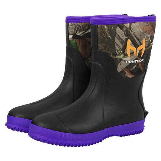 Hunthor Rubber Boots for Women, 5mm Neoprene Insulated Waterproof Rain Boots with Steel Shank, Mid Calf Hunting Shoes for Faming Gardening Mud Work (Purple, Size 8)