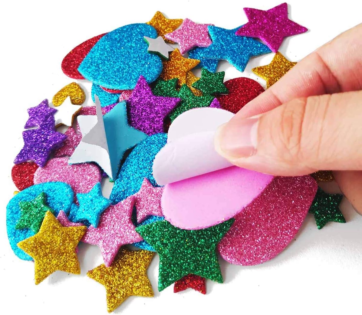 260 Pieces Colorful Glitter Foam Stickers Self Adhesive Stars Mini Heart Shapes Glitter Stickers, Kid's Arts Craft Supplies Greeting Cards Home Decoration Stars&Heart Shapes