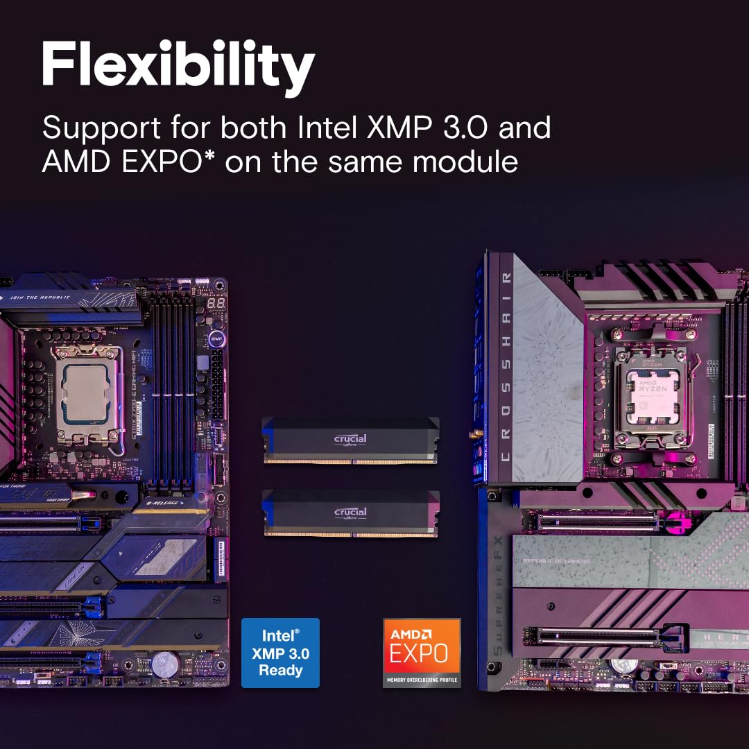 Crucial Pro DDR5 RAM 32GB Kit (2x16GB) 6000MHz CL36, Overclocking Gaming, Intel XMP 3.0 / AMD EXPO, Computer Memory (PC), Black - CP2K16G60C36U5B