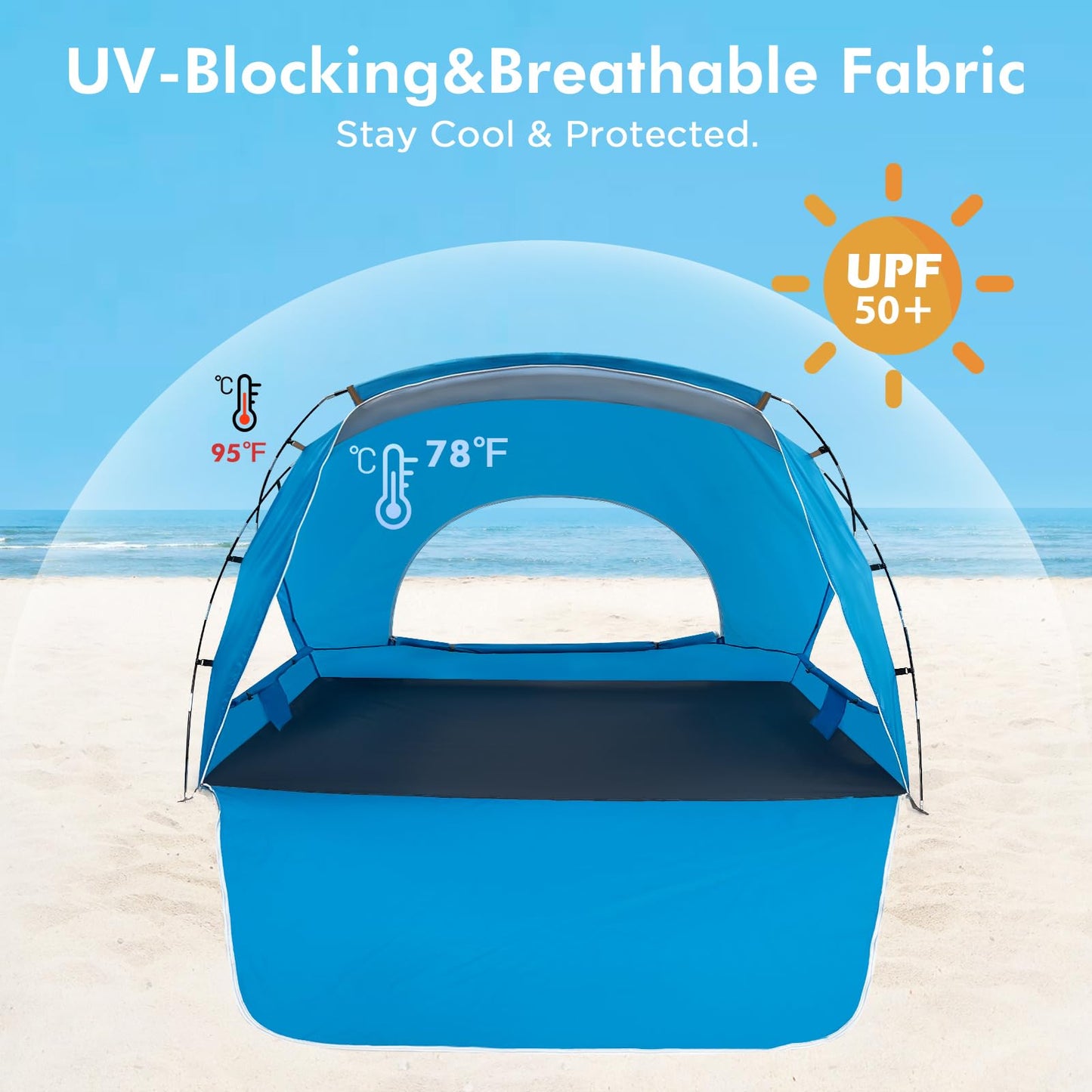 Beach Tent, Portable Sun Shelter for 2/3/4/6-8 Person with UPF 50+ UV Protection, Easy Setup Waterproof Beach Shade Canopy Cabana for Family Outdoor and Picnics, Fishing with Carrying Bag