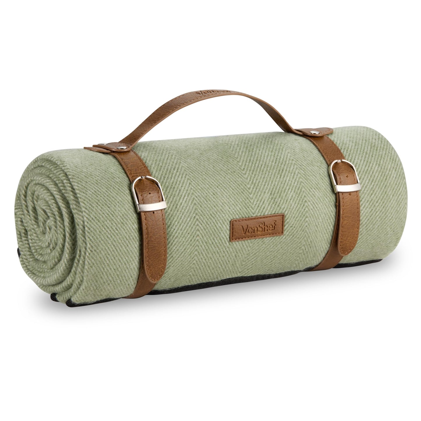 VonShef Picnic Blanket, Green Herringbone Outdoor Rug with Waterproof Backing, 6 Person Weatherproof Picnic Mat with Faux Leather Handle, Water Resistant Camping Accessories, 147x180cm