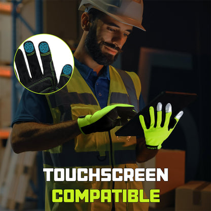 HANDLANDY Mens Work Gloves Touch Screen, Synthetic Leather Utility Gardening Gloves, Flexible Breathable Spandex Back- Padded Knuckles & Palm (Hi-vis Yellow, L)