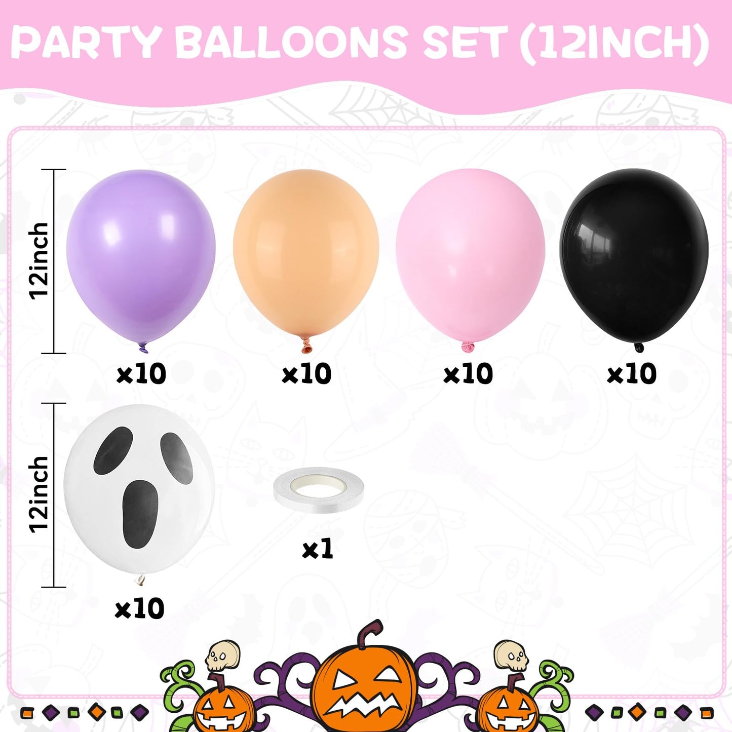 Halloween Balloons,52PCS 12 Inch Halloween Pastel Pink Black Orange Purple Balloon, Ghost Printed Ballons for Halloweenday BOO Party Decorations,Birthday,Baby Shower