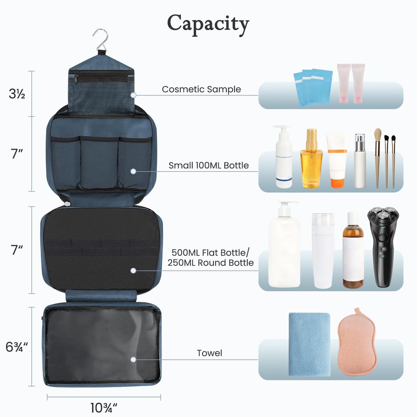 Maliton Toiletry Bag, Hanging Toiletry Bag, Foldable Makeup Bag with 4 Compartments, Waterproof Wash Bag for Business Trip, Vacation and Bathroom for Makeup Bag & Shower Bag（Navy Blue）