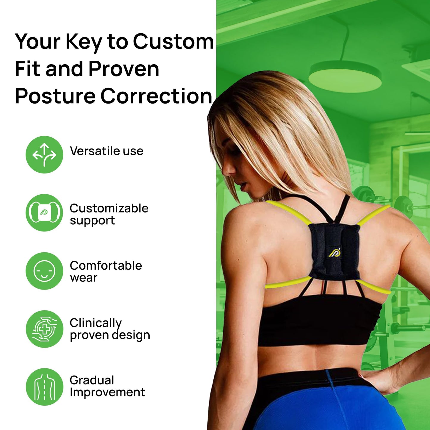 PRIMEKINETIX PostureMedic Dynamic Posture Brace for Neck and Back Support -For Enhanced Shoulder Alignment, Posture Improvement & Stretching-L(Yellow)