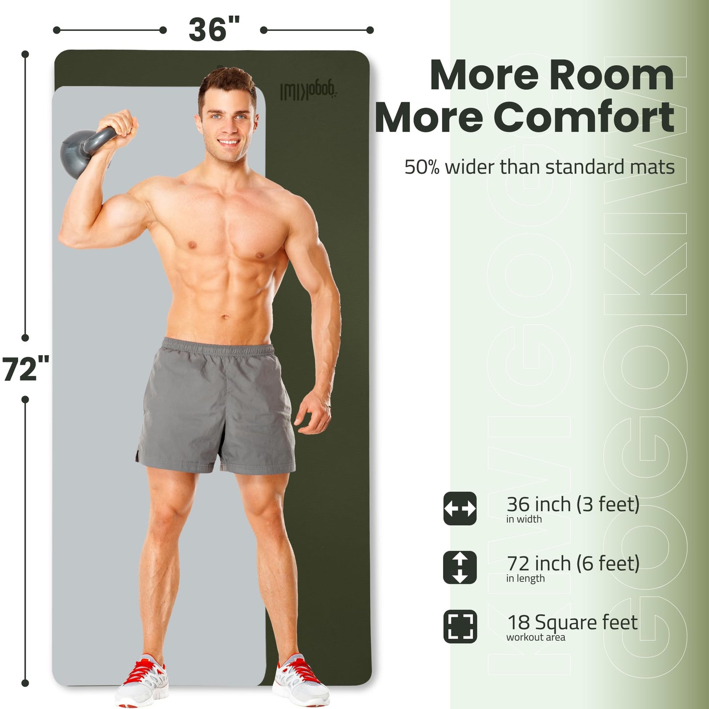 Gogokiwi Extra Wide Yoga Mat for Men Women (72"L x 36"W) Non Slip Fitness & Exercise Mat with Alignment Marks for Yoga, Pilates, Floor Workouts (Olive Green, Standard (1/4 inch Thick))