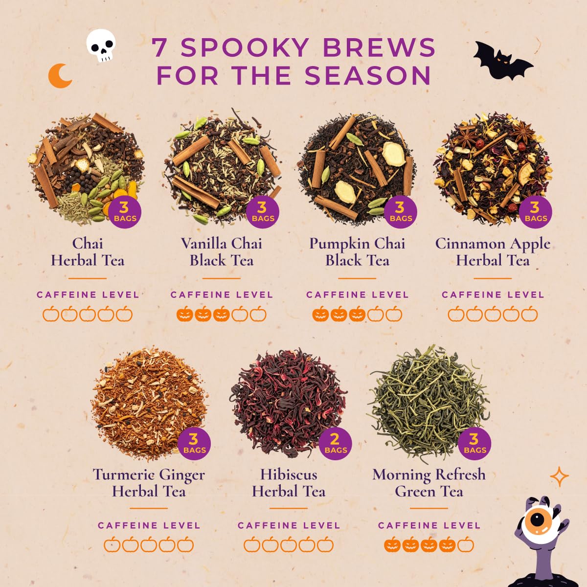 Gya Tea Co Halloween Tea Collection Autumn Tea Variety Pack, Caffeinated & Caffeine Free Holiday Gift Sampler Blends - 7 Flavors, 20 Bags Total - Easy Brew, Natural Quality Ingredients