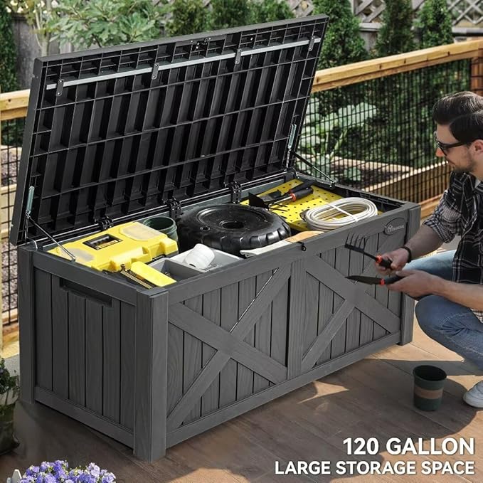 YITAHOME 120 Gallon Large Outdoor Storage Box with X-Shaped Front, Waterproof Resin Deck Box Cushion Storage Bench for Patio, Pool Supplies, Garden Tools - Lockable, Dark Gray