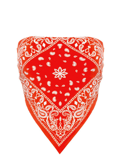 Design by Olivia Women's Sexy Paisley Print/Solid Bandana Tube Crop Top Shirt- Made in USA Orange S