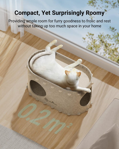 DownyPaws Cat House for Indoor Cats, Cat Bed Cave for Multiple & Large Cats Up to 22 Lbs, Scratch Resistant Peekaboo Cat Caves, Foldable Cat Tunnel Enclosed Bed, PeekaPurr, Cream