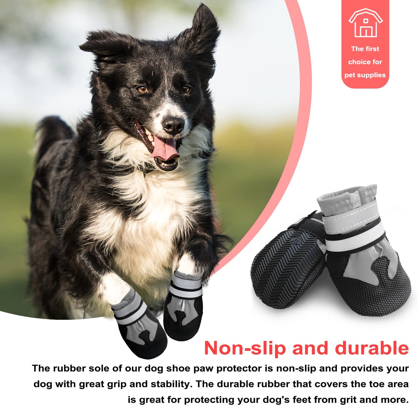 NeuWee Dog Boots, Non-Slip Dog Paw Protectors, Set of 4 Waterproof Dog Shoes with Adjustable Reflective Straps and Anti Slip Sole for Small Medium Large Dogs Outdoor (M, Grey)