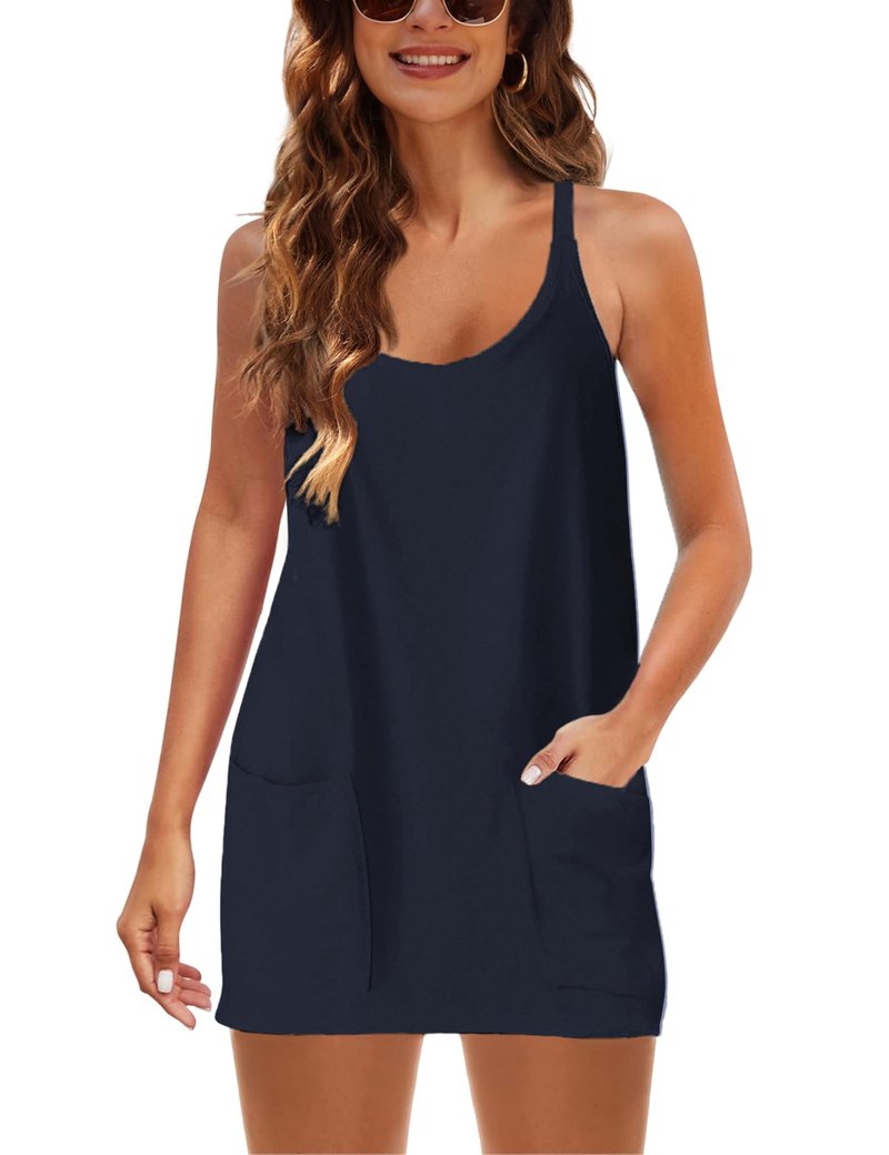 Lentta Womens Athletic Sleeveless Mini Dress with Built-in Shorts V Neck Spaghetti Strap Sundress(DarkBlue-XS)