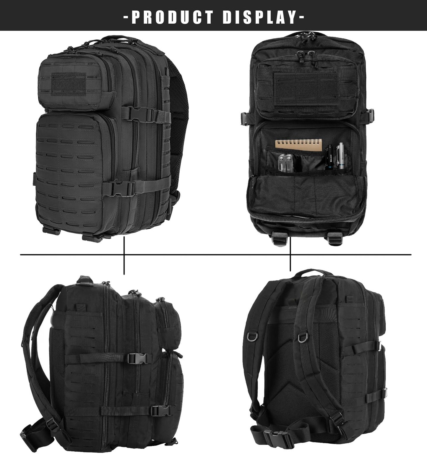 Military Tactical Backpack for Men 35L Small Molle System Water Resistant 3 Day Survival Assault Pack for Bug Out Bag Rucksack Travel Hiking Camping Gym Range Trekking Hunting Sport Work (Black)