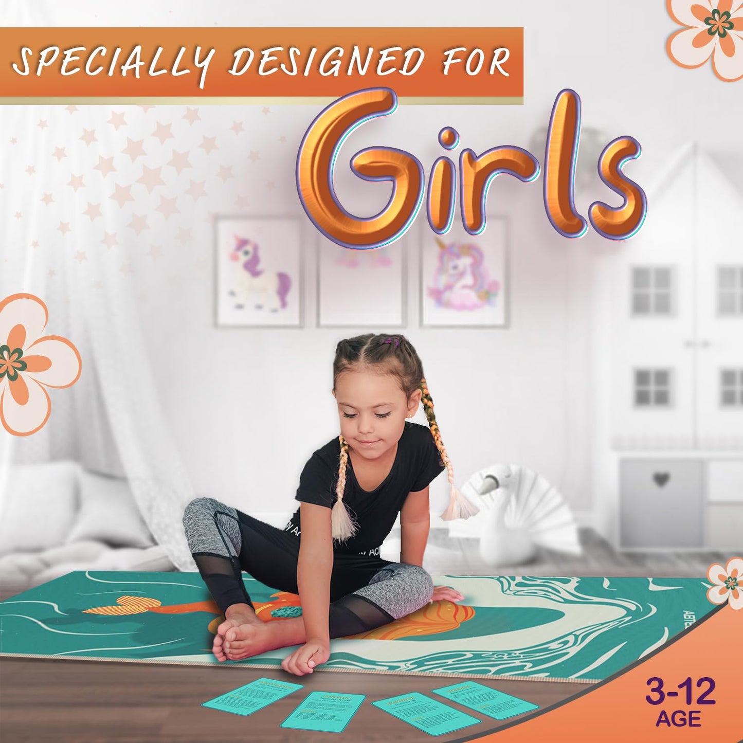 Abtech Yoga Mat for Kids - Mermaid Design for Girls - Comfortable, Chemical Free, Non-Toxic, Non-Slip Mat - 60 x 24 x 0.2 In. w/ 12 Yoga Cards for Kids - Cute Carrier Bag - Blue, Age 3-12