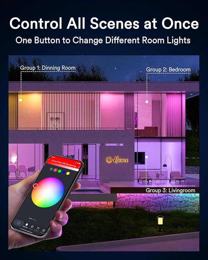 Lumary Smart Recessed Lighting 4 Inch, Canless WiFi Led Recessed Lights 9W, RGBWW Ceiling Downlight with Junction Box Ultra-Thin and Anti-Glare Trim Work with Alexa/Google Assistant/BT Remote 1PACK