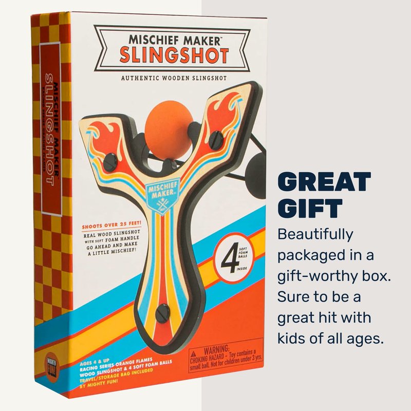 Mighty Fun! - Mischief Maker® Wooden Slingshot - Racing Series - Real Wood Slingshot for Kids, 4 Soft Foam Balls and Storage Bag - Ages 4+ (Orange)