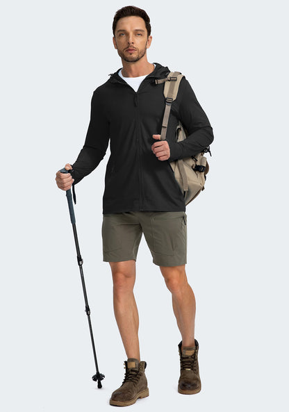 Men's UPF 50+ Light Jacket Full Zip Sun Protection Hoodie Long Sleeve Sun Shirts for Men Hiking Fishing Zip Pockets(Black_3XL)