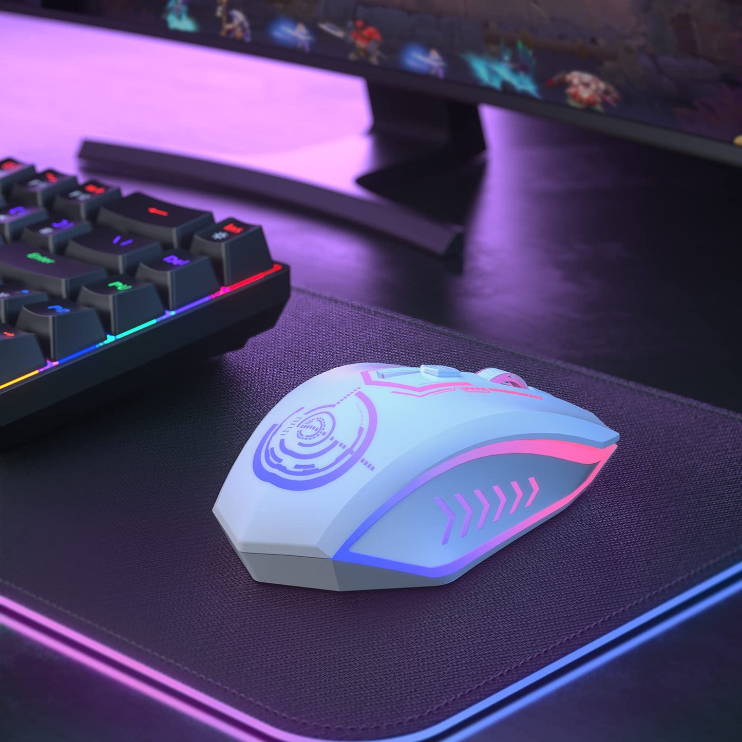 UHURU Wireless Gaming Mouse Up to 12000 DPI, Rechargeable USB-C Wireless Mouse with 7 Buttons 7 Dynamic LED Color Ergonomic Programmable MMO RPG for PC Laptop, Compatible with Windows Mac