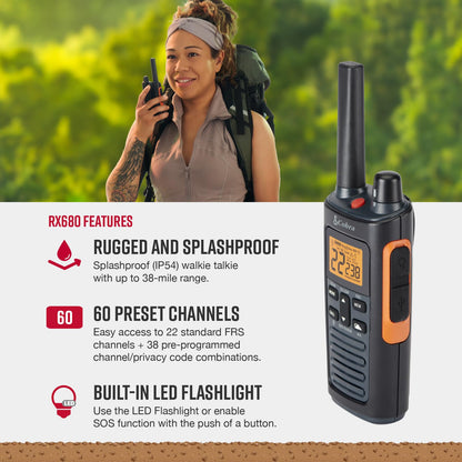 Cobra RX680 Walkie Talkies (2-Pack) - Rugged & Splashproof Two Way Radios Long Range, IP54 Water Resistant Design, 60 Pre-Programmed Channels, Weather Alerts, Included Charging Dock (Black/Orange)