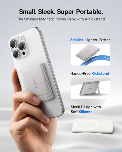Baseus Picogo Power Bank, Smallest 5000mAh Magnetic Portable Charger with Stand, Qi2 Certified 15W Ultra-Mini MagSafe Battery Pack, Alloy Wireless Travel Fast Charger for iPhone 17/16 Series(Grey)